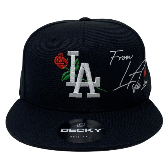 Los Angeles (w/Love) LA Rose Rosa With Love Heart Snapback Hat Cap All Black - Picture 4 of 8